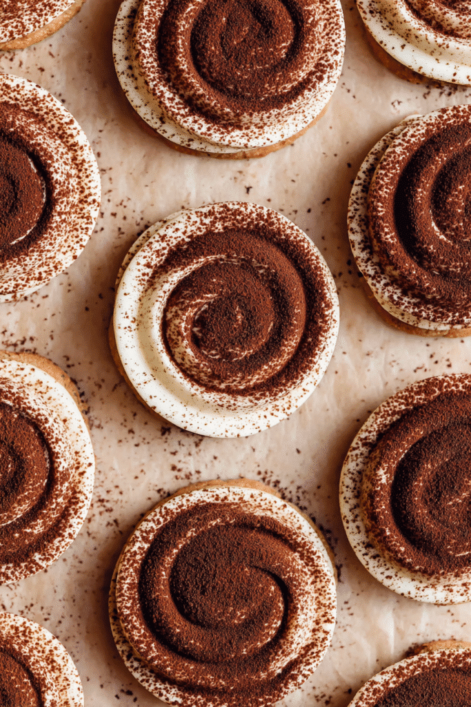 A batch of elegant tiramisu cookies arranged neatly on parchment paper
