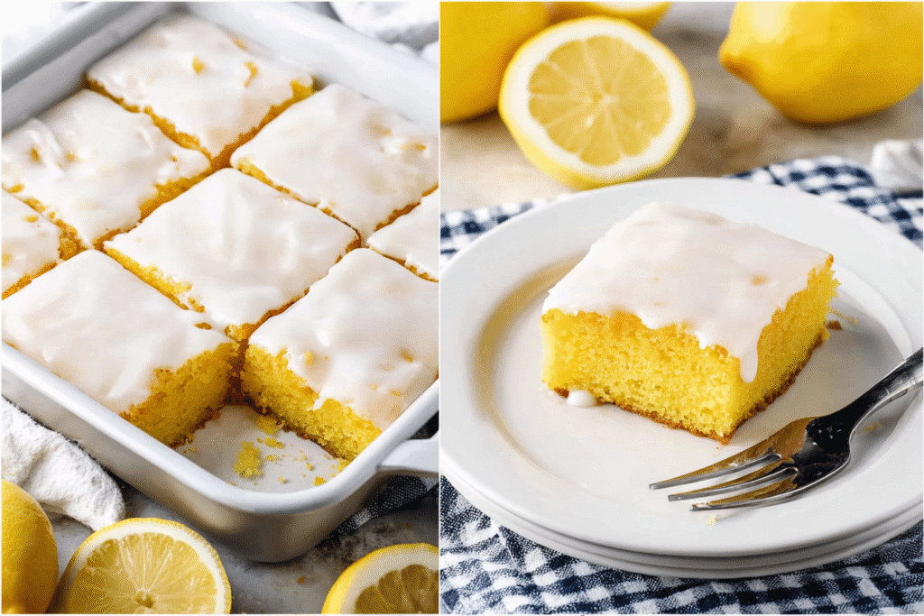 A bright and inviting scene featuring a pan of freshly baked lemon brownies topped with a shiny white lemon glaze.