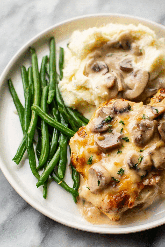 A comforting plate of Decadent Chicken Gloria served with creamy mashed potatoes and tender sautéed green beans