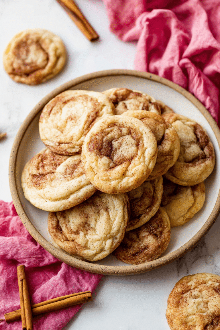 A cozy plate of homemade cinnamon cookies stacked on a ceramic dish, resting on a marble countertop.