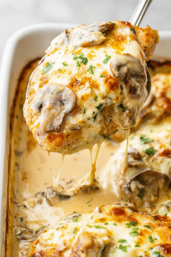 A golden, cheesy serving of Decadent Chicken Gloria being lifted from a creamy casserole dish