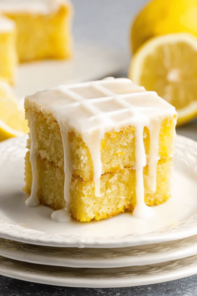 A thick, square slice of lemon brownie stacked on elegant white plates. The brownie is dense, moist, and buttery yellow with a glossy lemon glaze dripping beautifully down the sides.