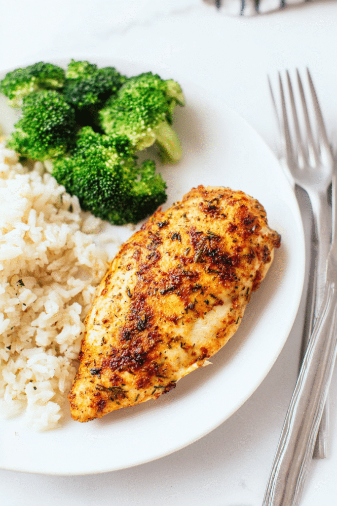 Air fryer chicken breast on a white plate served with steamed broccoli and fluffy rice