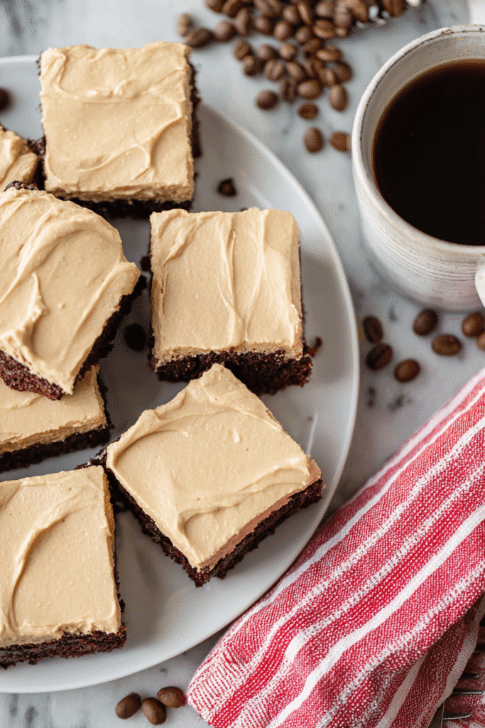 An overhead view of decadent coffee brownies with creamy coffee frosting, arranged neatly on a white plate beside a steaming cup of coffee.