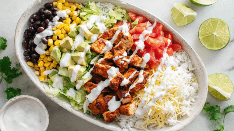 Chicken Burrito Bowl grilled seasoned chicken, shredded lettuce, white rice, black beans, corn, diced tomatoes, avocado cubes, and shredded cheese drizzled with creamy white dressing