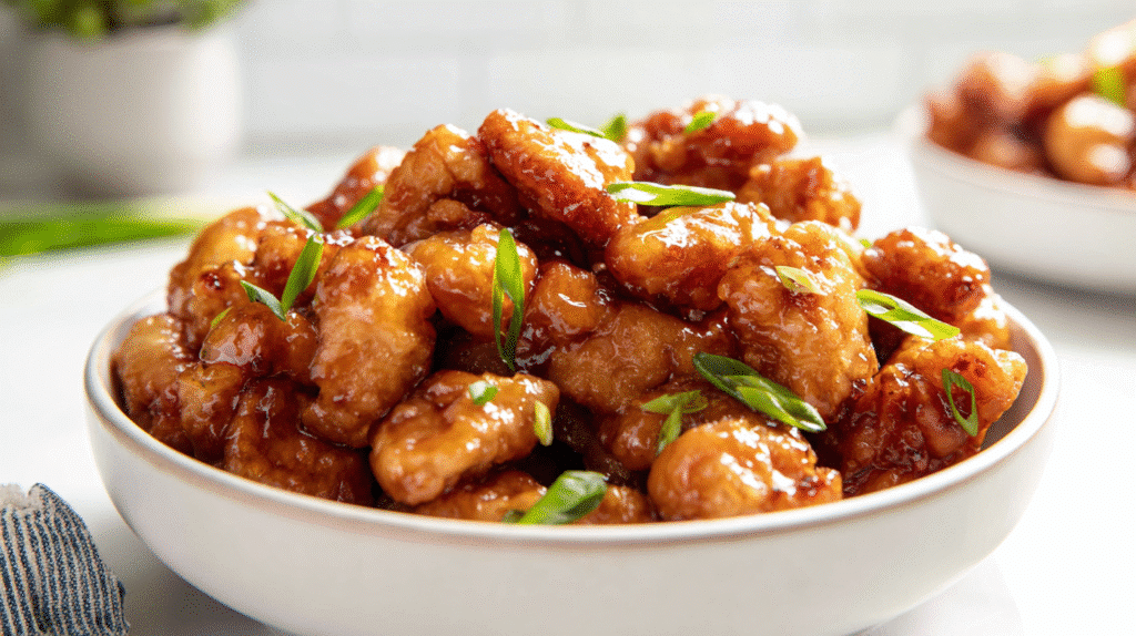 Close-up food photo of honey-glazed crispy chicken bites in a white bowl
