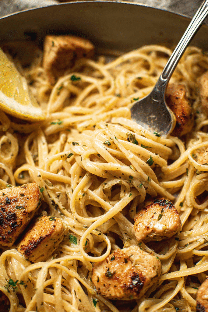 Close-up of Cowboy Butter Chicken Linguine linguine pasta coated in a rich garlic herb butter sauce