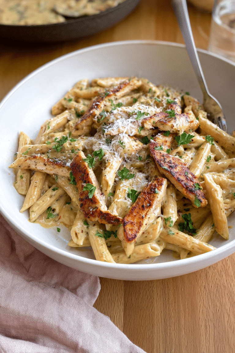 Close-up of creamy garlic parmesan chicken pasta served in a white bowl
