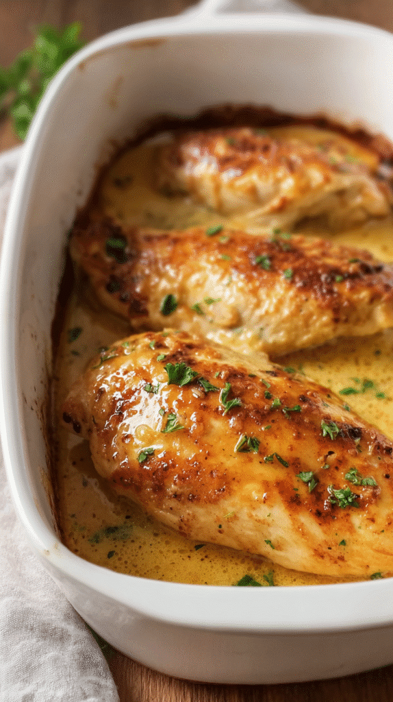 Close-up of juicy baked chicken breasts in creamy garlic butter sauce