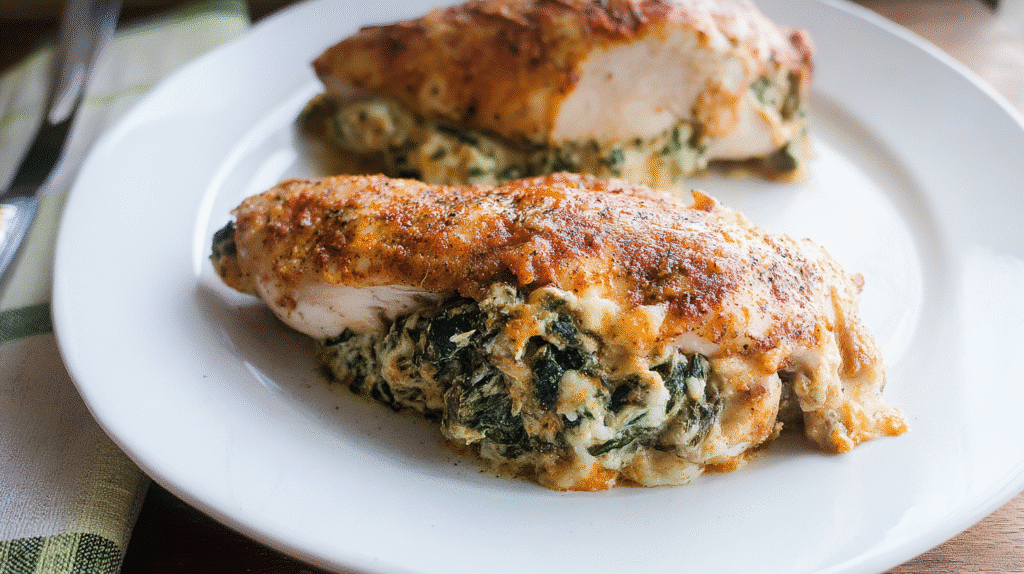 Close-up photo of baked stuffed chicken breasts filled with creamy