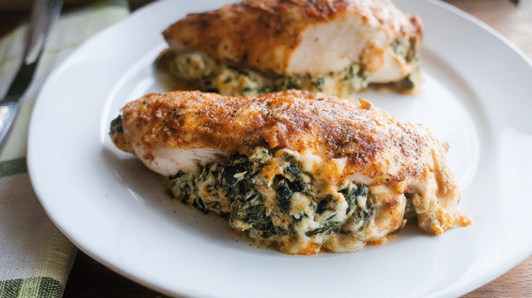 Close-up photo of baked stuffed chicken breasts filled with creamy