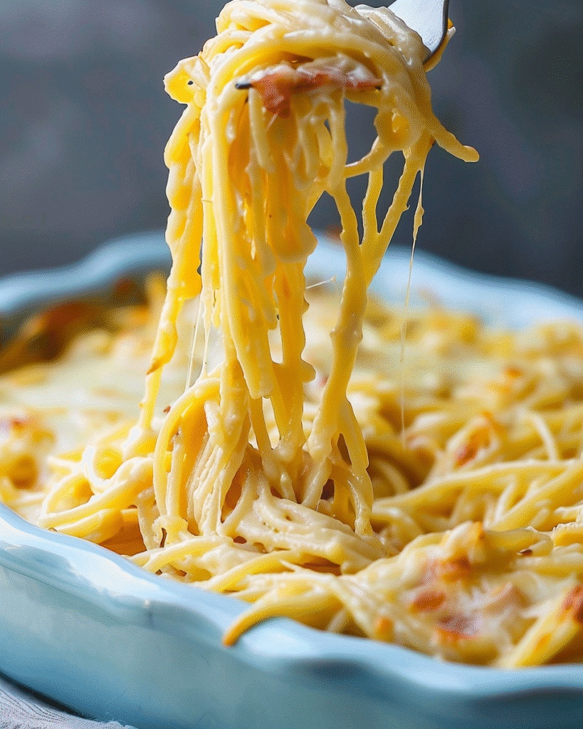 Close-up photo of creamy cheesy spaghetti being lifted with a fork