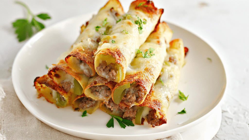 Close-up photo of crispy baked cheese roll-ups stuffed with beef and green peppers