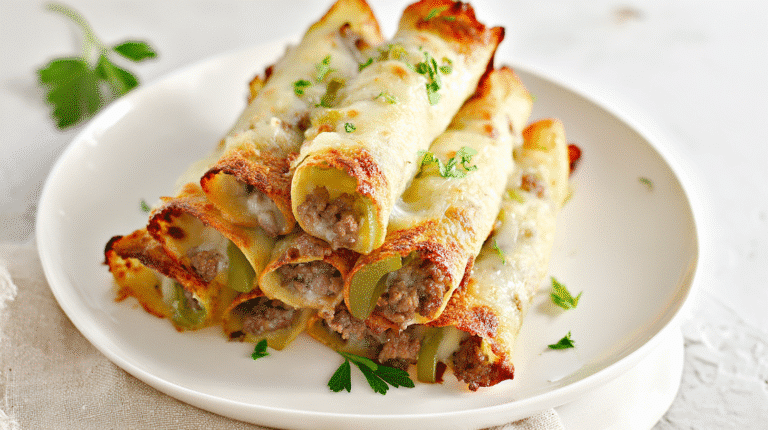 Close-up photo of crispy baked cheese roll-ups stuffed with beef and green peppers