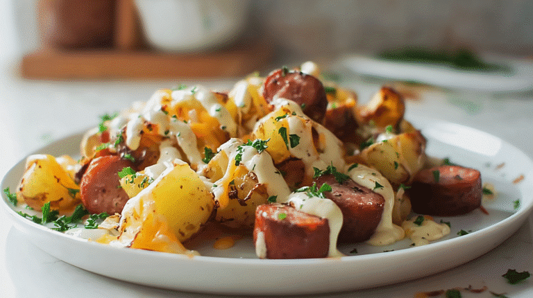 Close-up photo of roasted potatoes and sliced sausage on a white plate, topped with melted cheddar and mozzarella cheese