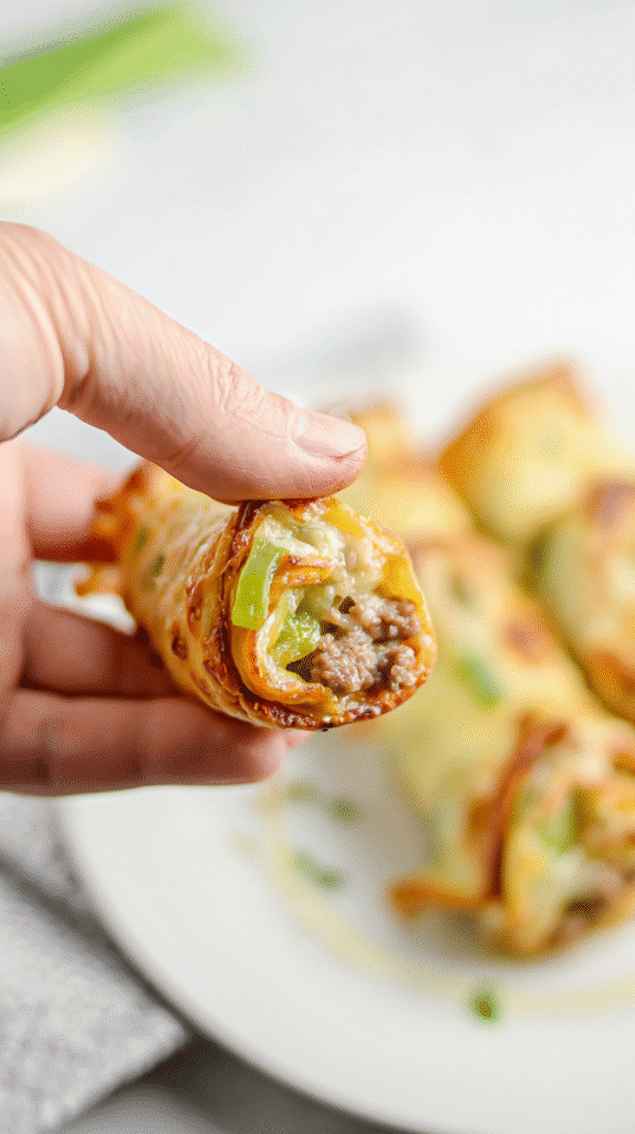 Close-up shot of a hand holding a crispy cheese roll-up filled with beef and green peppers