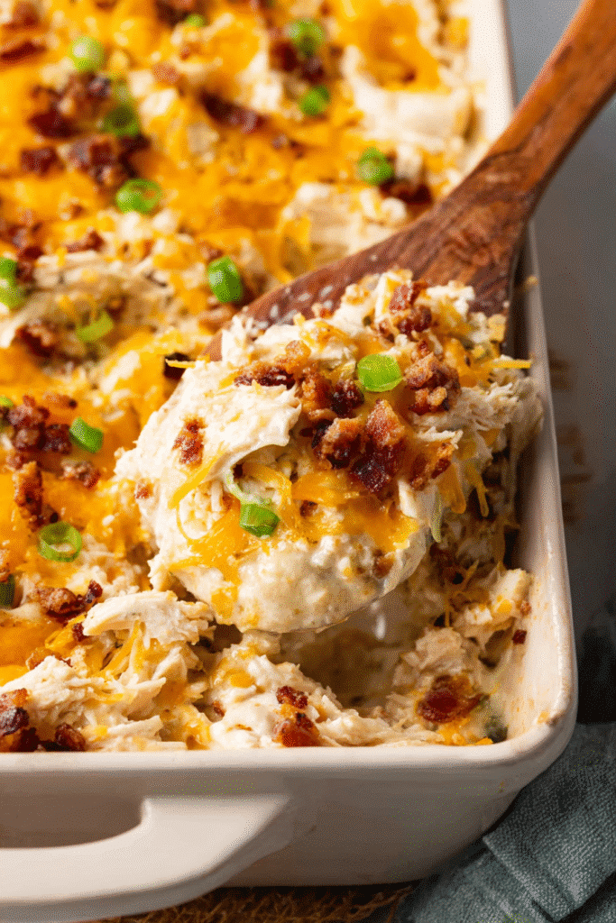Crack chicken casserole in a ceramic baking dish