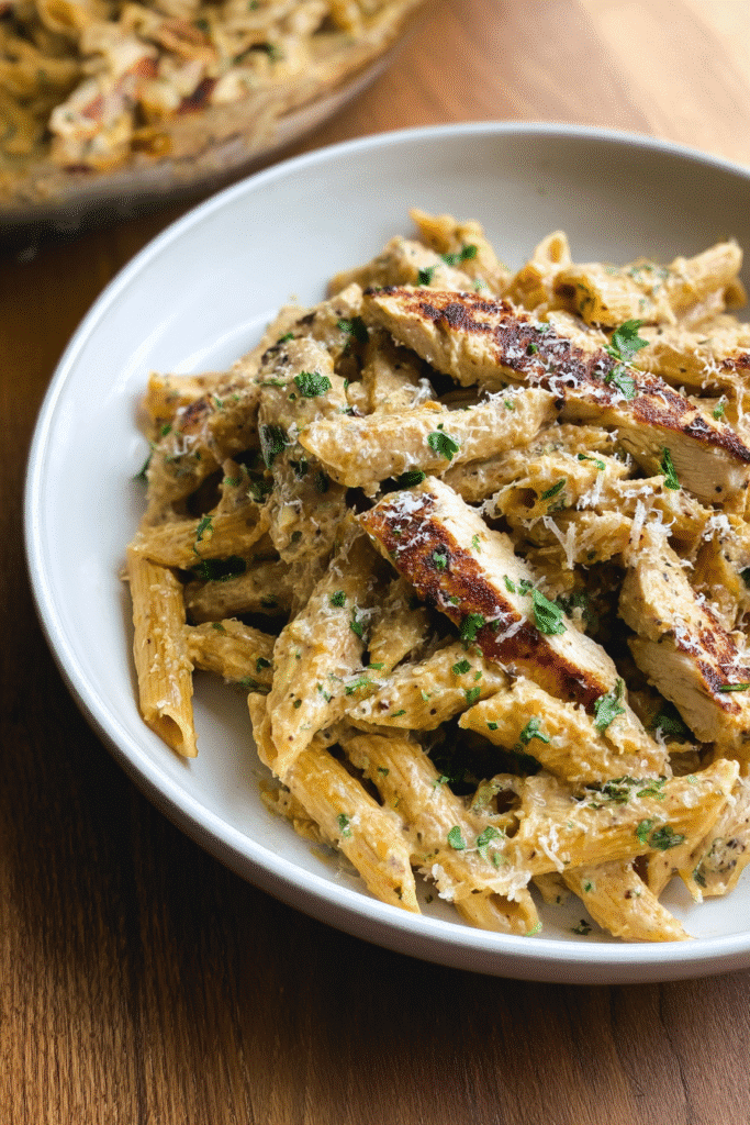 Creamy garlic parmesan chicken pasta served in a shallow white bowl