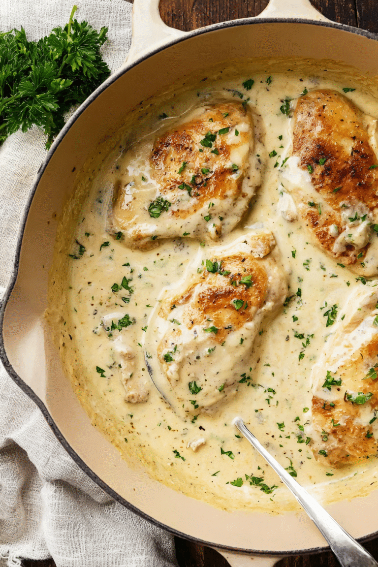 Creamy ranch chicken cooking in a beige cast-iron skillet, smothered in thick, velvety ranch sauce with golden-brown chicken breasts and garnished with fresh chopped parsley