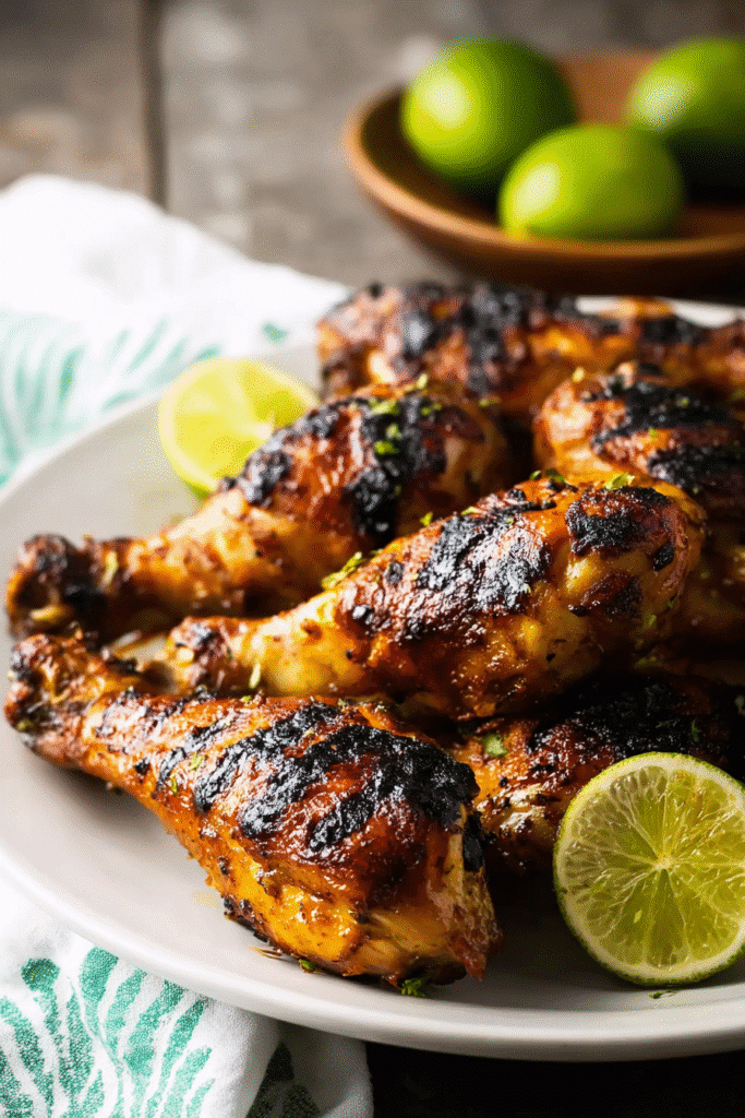Cuban grilled chicken drumsticks, charred and juicy with smoky grill marks, marinated in citrus, garlic, and spices. Served on a white plate with fresh lime wedges in the background.