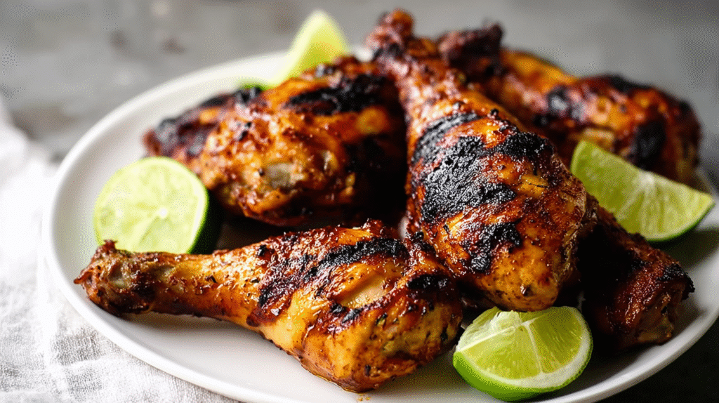 Cuban grilled chicken drumsticks, charred and juicy with smoky grill marks, marinated in citrus, garlic, and spices. Served on a white plate with fresh lime wedges in the background. (2)