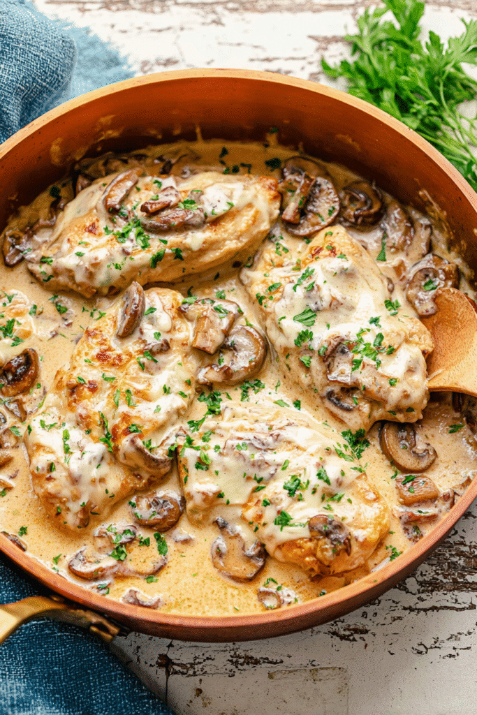 Easy Cream Cheese Chicken in a copper skillet juicy chicken breasts simmered in a creamy sauce with mushrooms and melted mozzarella, garnished with parsley.