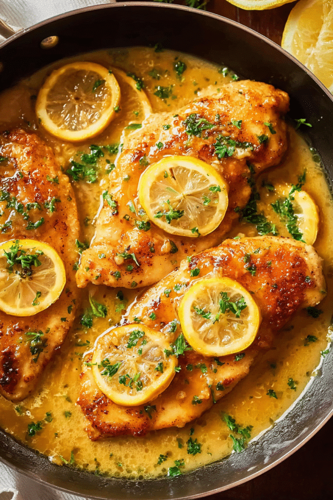 French chicken francese in a skillet golden pan-fried chicken breasts covered in a glossy lemon butter