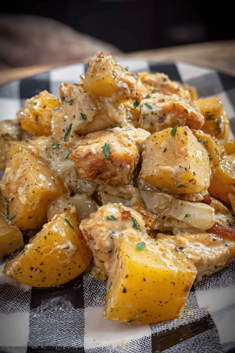 Garlic Parmesan crockpot chicken and potatoes served on a checkered plate