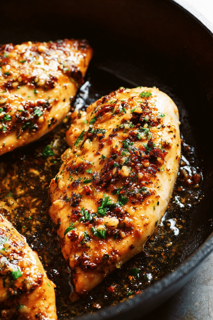 Garlic butter baked chicken breasts in a black cast-iron skillet, golden-brown and glazed with melted garlic butter sauce.ç
