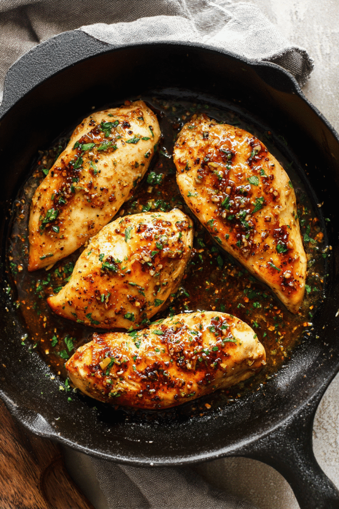 Garlic butter baked chicken breasts in a black cast-iron skillet, golden-brown and glazed with melted garlic butter sauce.ç