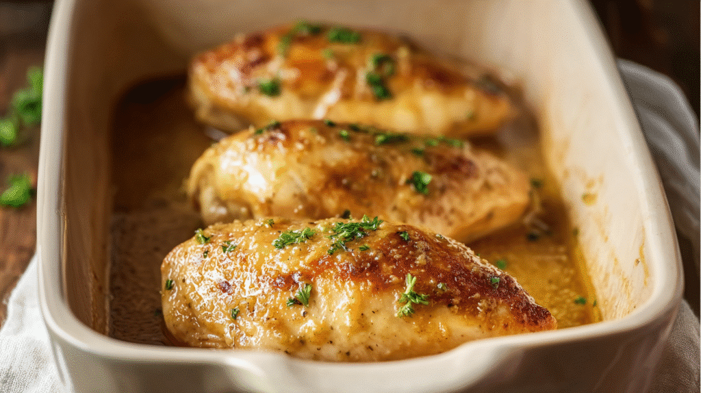 Golden baked chicken breasts in a ceramic baking dish