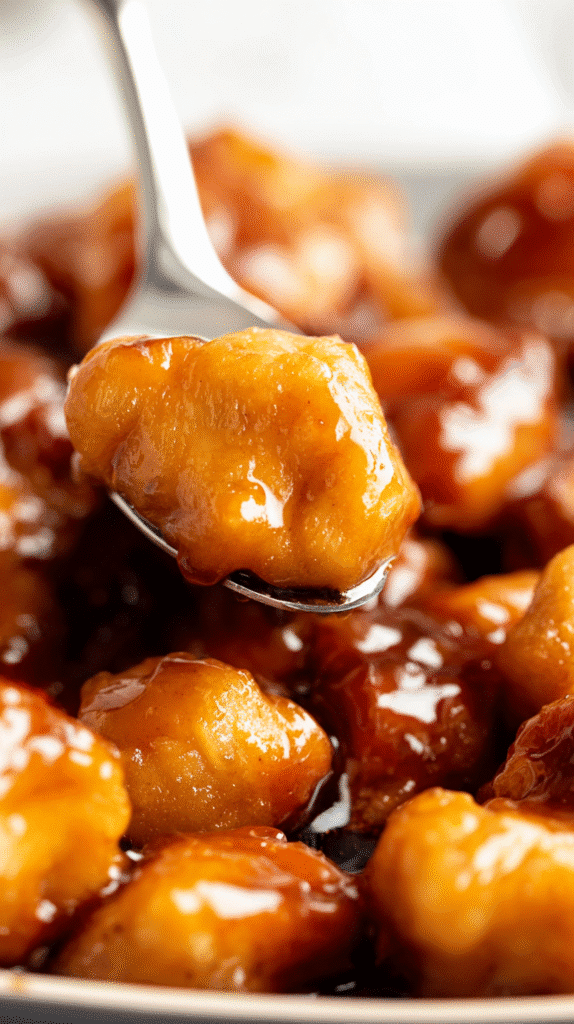 Macro shot of honey-glazed chicken pieces coated in a thick shiny sauce,