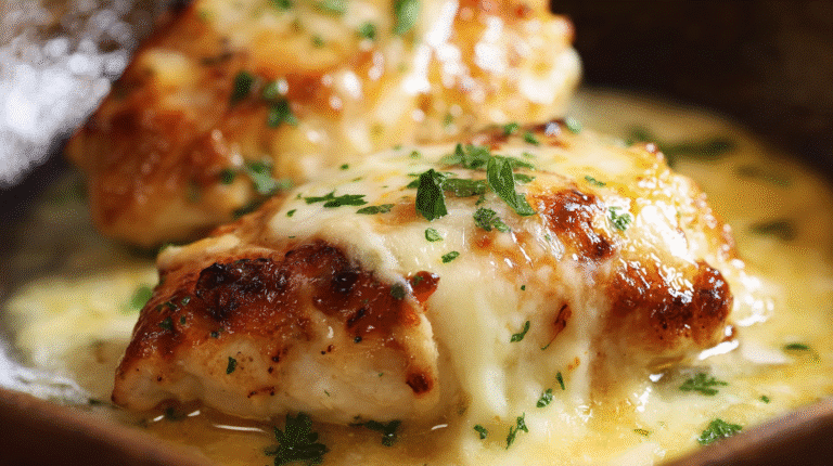 Melt-in-your-mouth chicken breast baked in a golden creamy sauce, topped with melted cheese and sprinkled with fresh parsley.