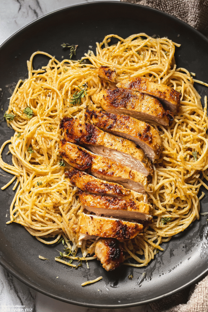 One-pan chicken with buttered noodles served on a dark ceramic plate