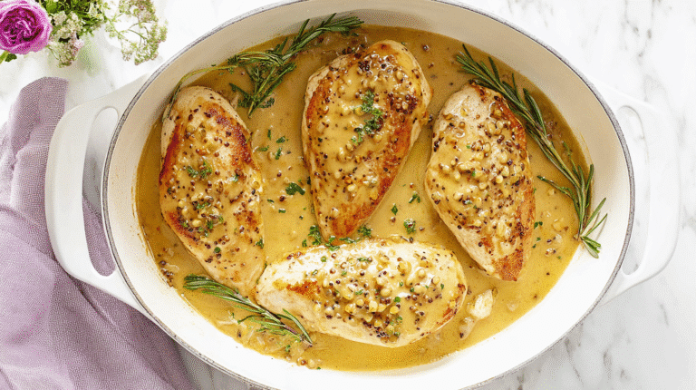 Overhead photo of golden baked chicken breasts in a white casserole dish