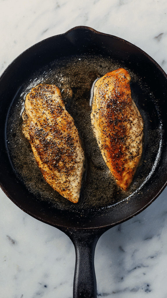 Overhead photo of two seasoned chicken breasts cooking
