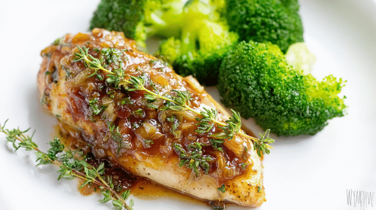 Pan-seared chicken breast plated with steamed broccoli