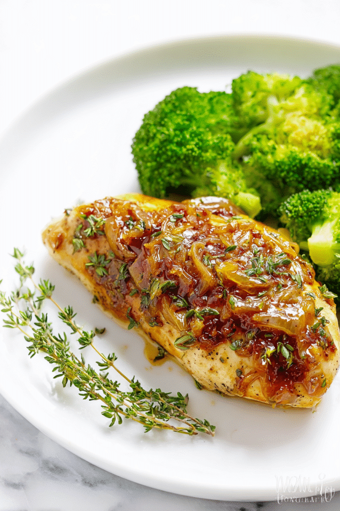 Pan-seared chicken breast plated with steamed broccoli and fresh thyme sprigs.