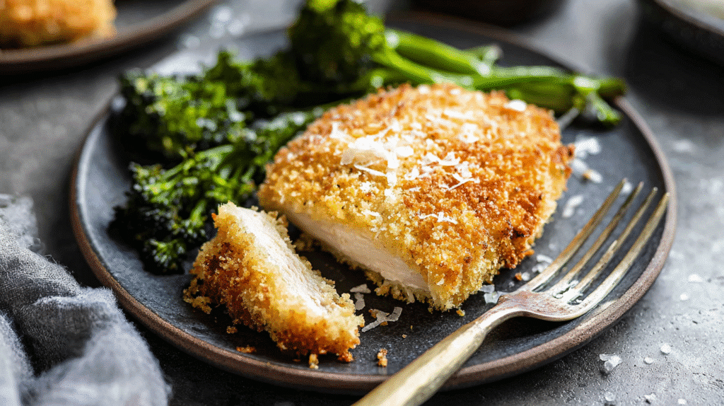 Parmesan crusted chicken breast served on a dark ceramic plate with roasted broccoli.