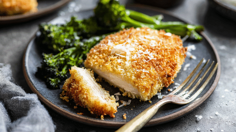 Parmesan crusted chicken breast served on a dark ceramic plate with roasted broccoli.