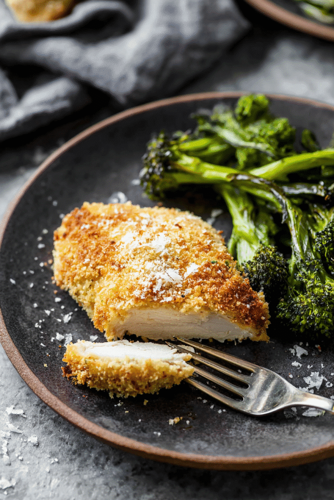 Parmesan crusted chicken breast served on a dark ceramic plate with roasted broccoli.