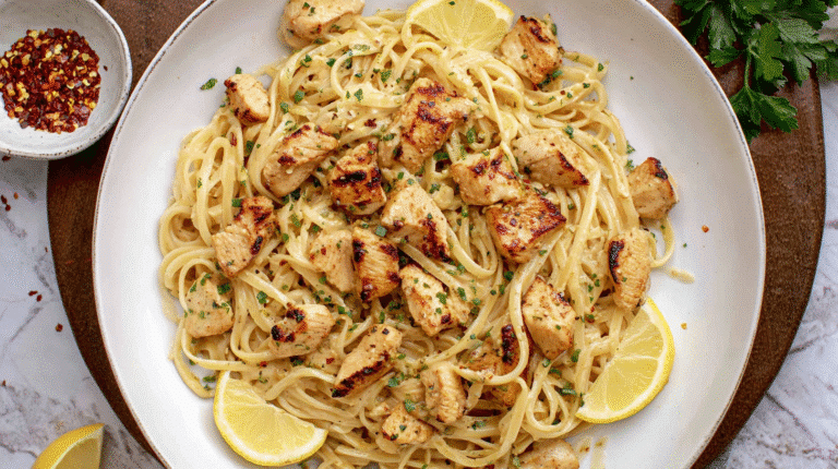 Plate of Cowboy Butter Chicken Linguine linguine pasta with golden seared chicken chunks