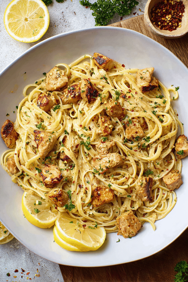 Plate of Cowboy Butter Chicken Linguine linguine pasta with golden seared chicken chunks tossed in a rich, buttery garlic herb sauce.