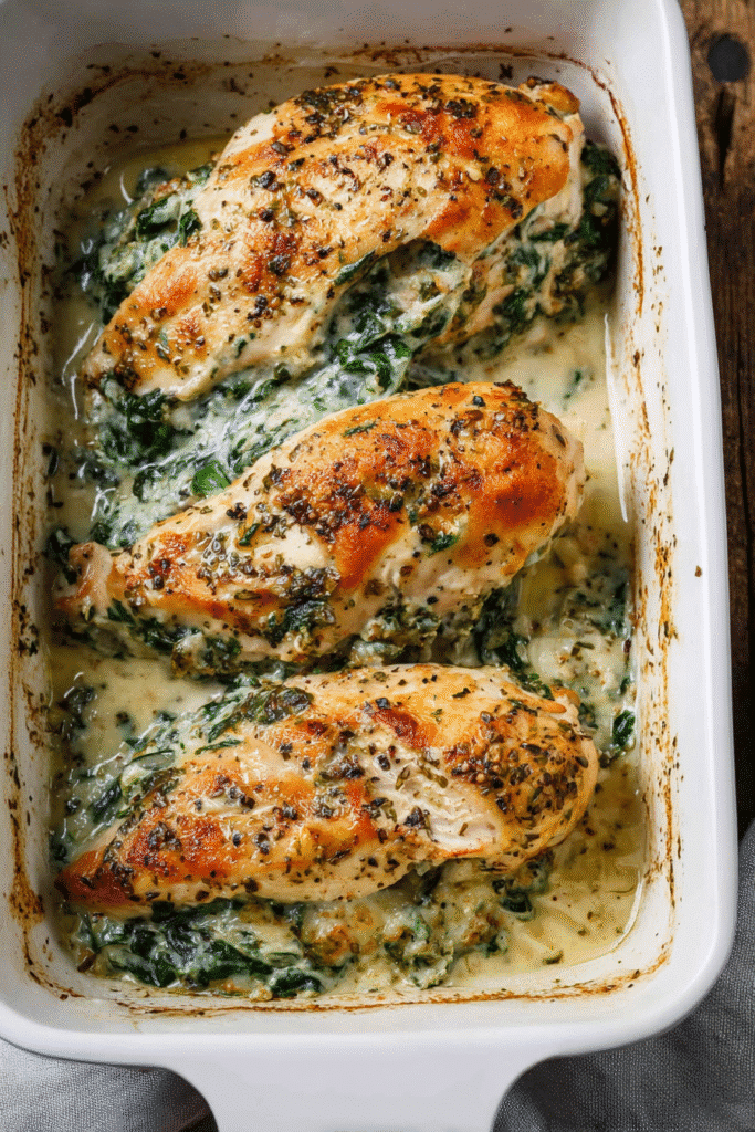 Raw spinach stuffed chicken breasts in a white ceramic baking dish