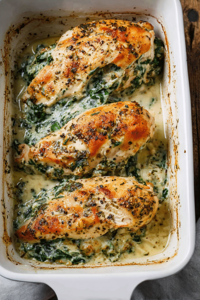 Raw spinach stuffed chicken breasts in a white ceramic baking dish