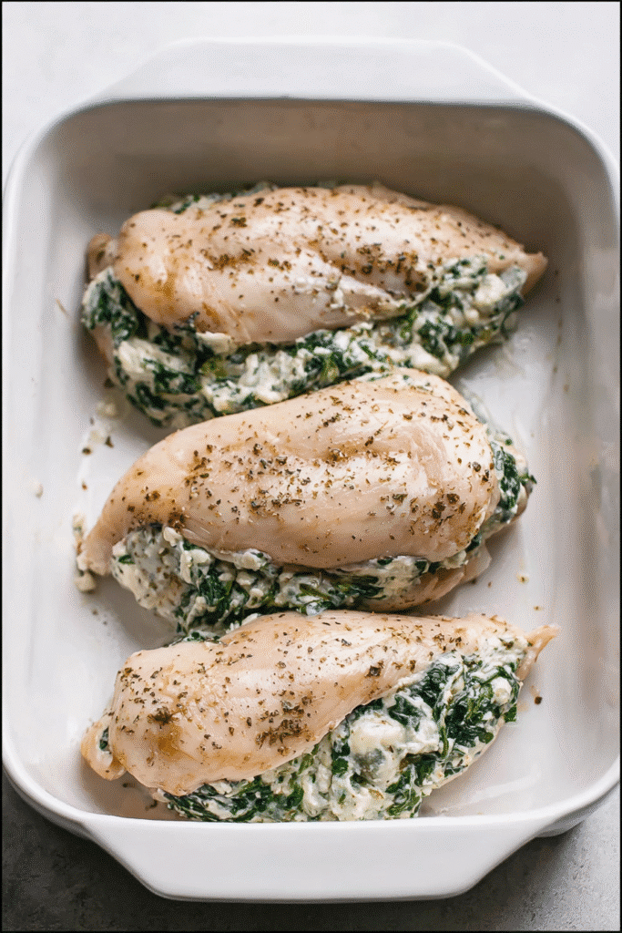 Raw spinach stuffed chicken breasts in a white ceramic baking dish, filled with creamy spinach and cheese mixture. Seasoned with herbs, salt