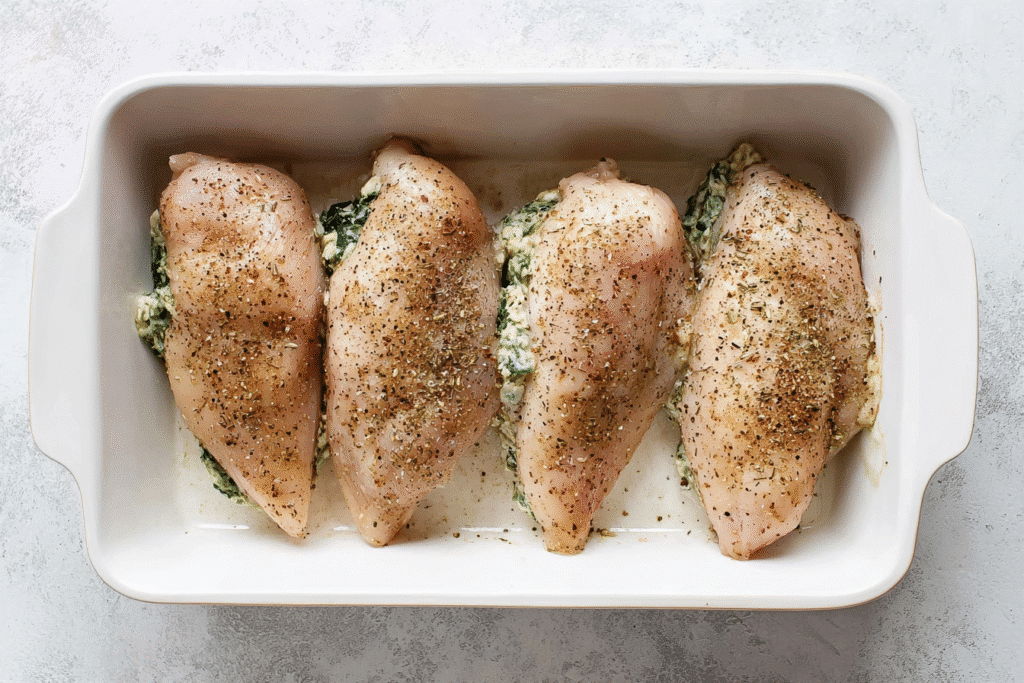 Raw stuffed chicken breasts in a white ceramic baking dish, lightly seasoned with herbs and pepper, filled with creamy spinach and cheese mixture