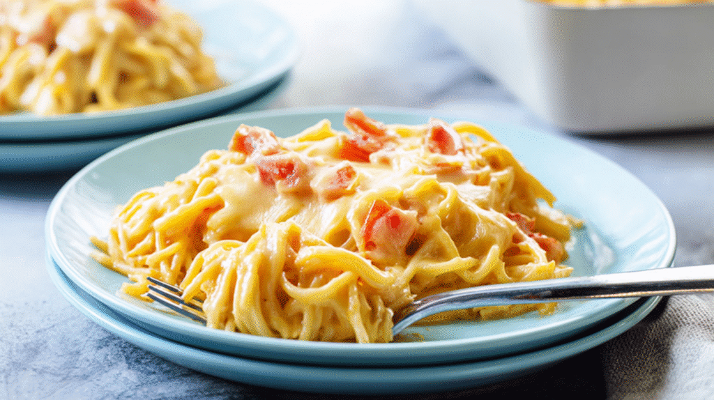 Side view of creamy baked spaghetti with melted cheese