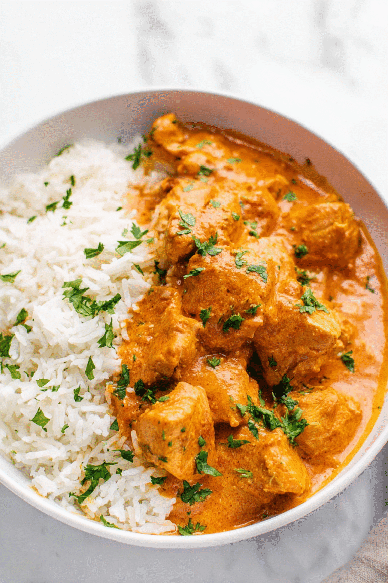 Slow cooker butter chicken plated with fluffy basmati rice in a shallow white bowl. Tender chicken pieces in a rich, creamy orange sauce, sprinkled with chopped cilantro.