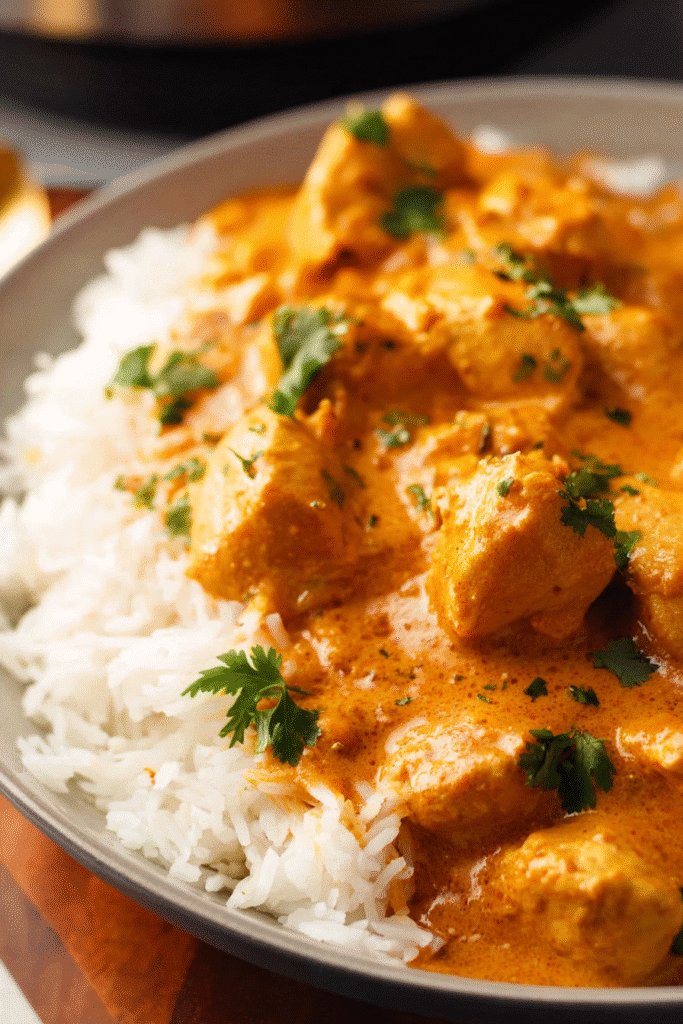 Slow cooker butter chicken served with fluffy white basmati rice in a shallow bowl. Tender chunks of chicken coated in creamy orange butter sauce, garnished with fresh cilantro.